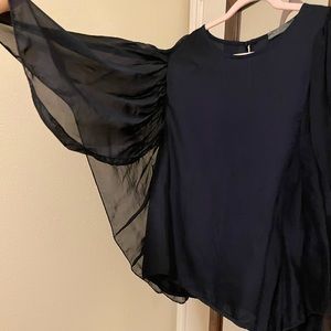 Lola MADE IN ITALY SILK navy blouse with sheer batwing/cape sleeves, size Small